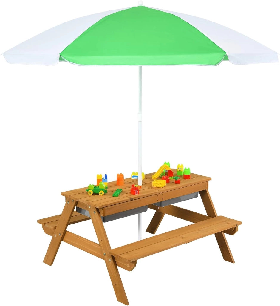Set Tavolo e Sedie per Bambini da Giardino 3 in 1, con Ombrellone Rimovibile e Regolabile, Piano Rimovibile, Tavolo con Panche in Legno per Bambini da Interno Esterno (Verde e Bianco)