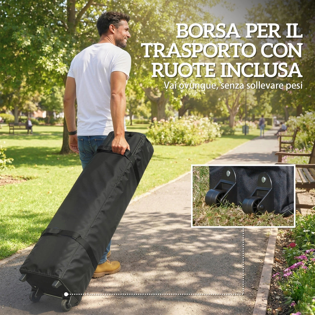 Gazebo Pieghevole 590x297x285 cm Pop Up con 6 Pareti Laterali Sacchi di Sabbia e Borsa  in Tessuto UV50+ Grigio Scuro