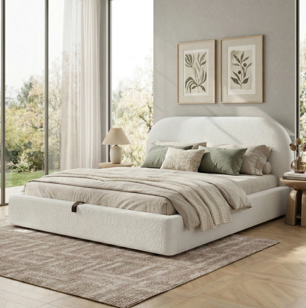 Letto matrimoniale 160 x 200 cm in bouclé beige con contenitore idraulico e rete a doghe