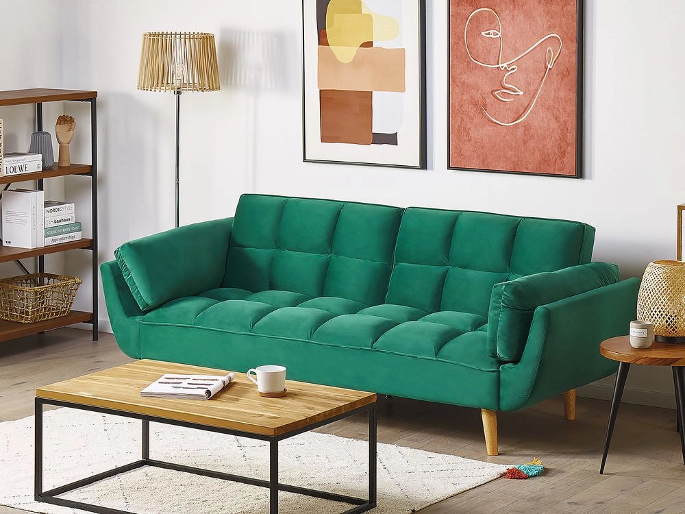 Divano Letto Tessuto Velluto Verde Gambe In Legno A 3 Posti Imbottitura In Schiuma Imbottitura Biscuit Schienale Diviso