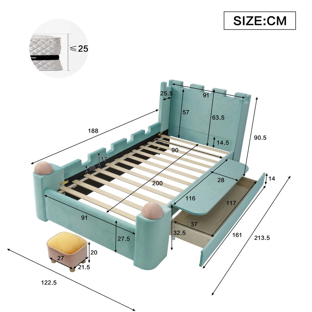 Letto imbottito singolo con cassetto ¨C Minimal ¨C blu velluto 90x200 cm