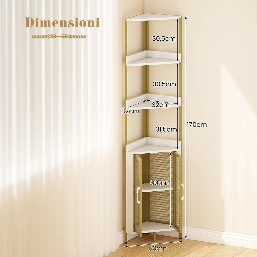Scaffale Angolare a 6 Ripiani, Libreria Alta 170 cm con Armadietto, Scaffale Industrial per Libri con Ante, Multiuso per Soggiorno, Camera da Letto (Bianco)