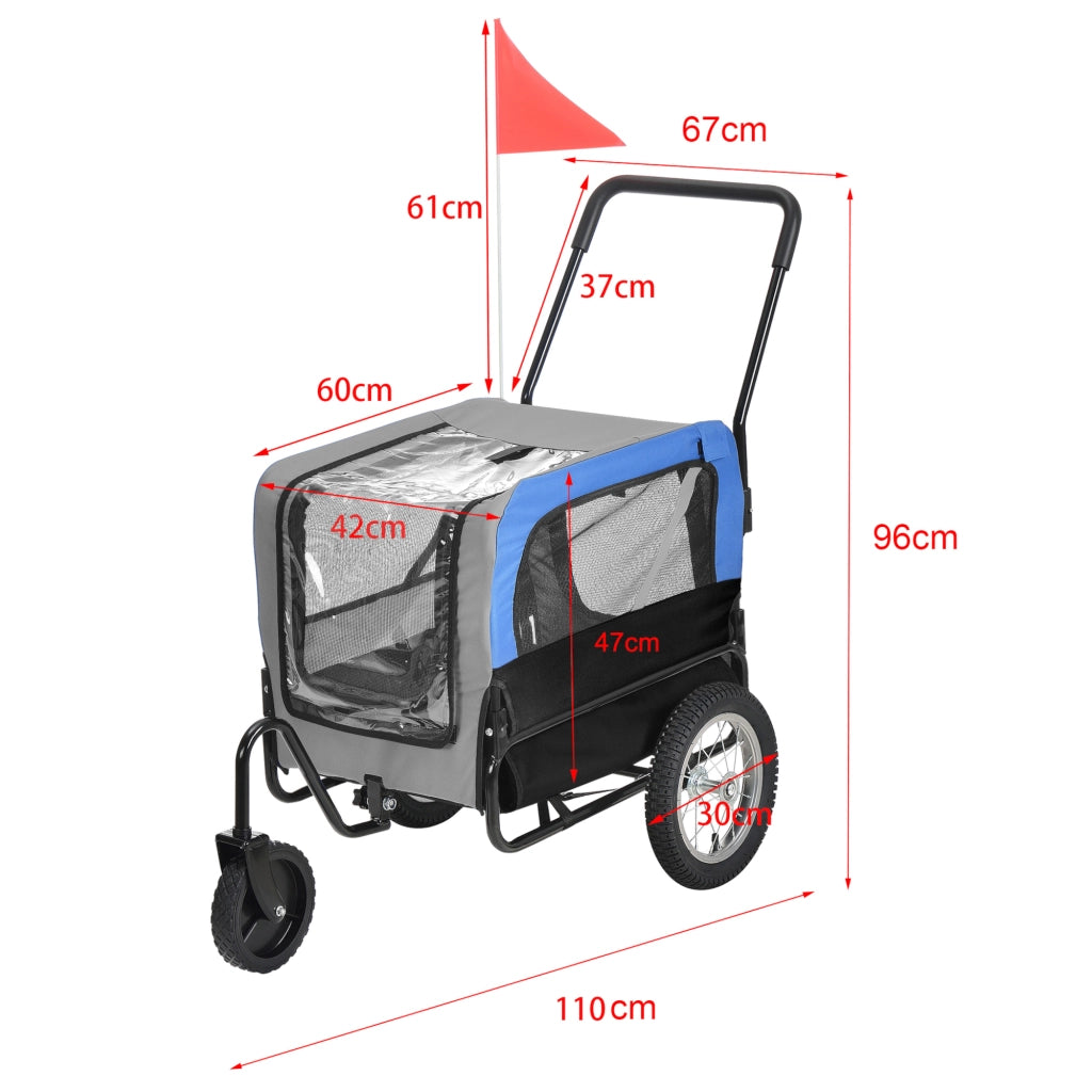 Rimorchio 2in1 per Bicicletta e Passeggiata per Cani e Animali Domestici Fino a 20 kg - Blu-Grigio-Nero pro.tec