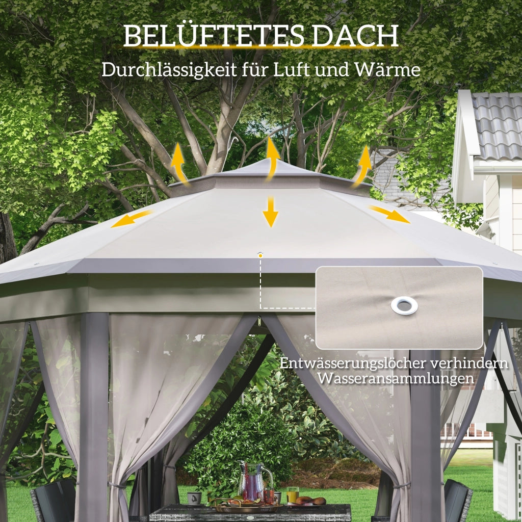 Gazebo da giardino pieghevole 4x4 m esagonale con copertura doppia e 6 pareti beige ¨C zephmum