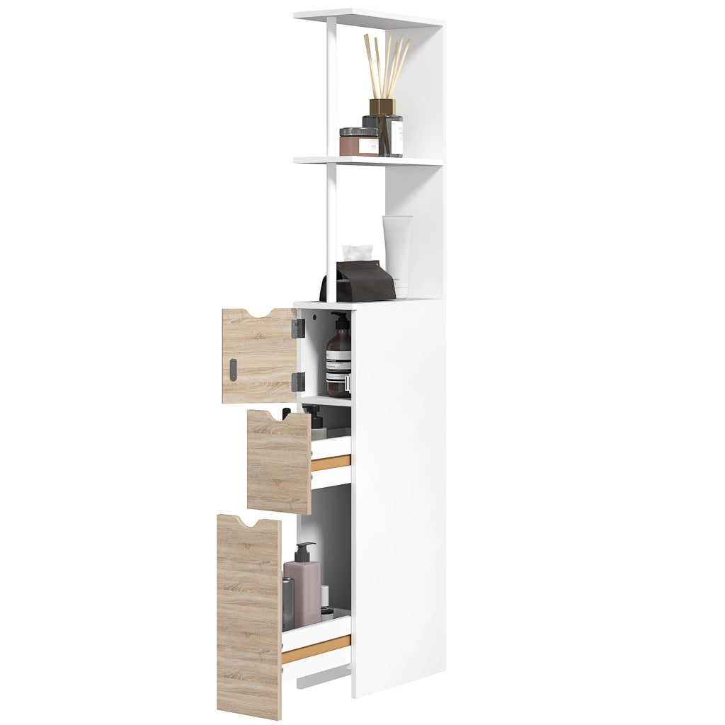 Mobile Colonna Bagno Salvaspazio con Armadietto, Ripiani e Cassetti, 15x33x136.8 cm, Colore Legno