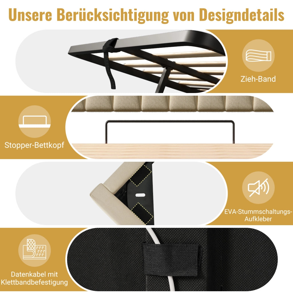 LETTO Contenitore 160x200 cm in lino Beige con LED e materasso incluso