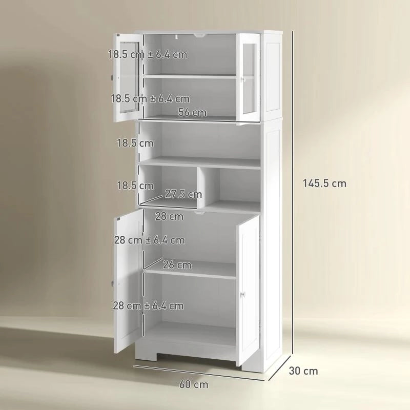 CREDENZA CUCINA CON 2 ARMADIETTI E 3 VANI APERTI, ANTE A VETRO E RIPIANI REGOLABILI, 60X30X145.5 CM, BIANCO