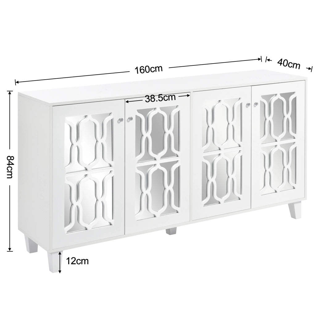Credenza e Madia con 4 Ante e Ripiano Regolabile; Frontali a Specchio; Maniglie Cristallo; in MDF; 160??40??84 cm; Bianco