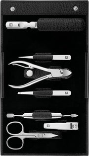 Set di manicure (7 pezzi set di pedicure con valigetta da viaggio cure per unghie pelle di cuoio reale) in acciaio inox lucidato nero