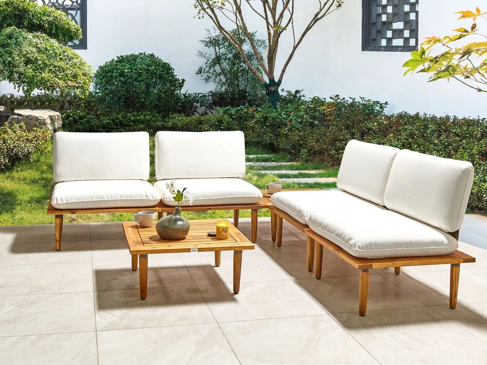 Set Divani Da Giardino Cuscini Bianco Sporco In Legno Massello Di Acacia Set Conversazione Da Esterno Moderno A 2 Posti Poltrone Con Tavolino