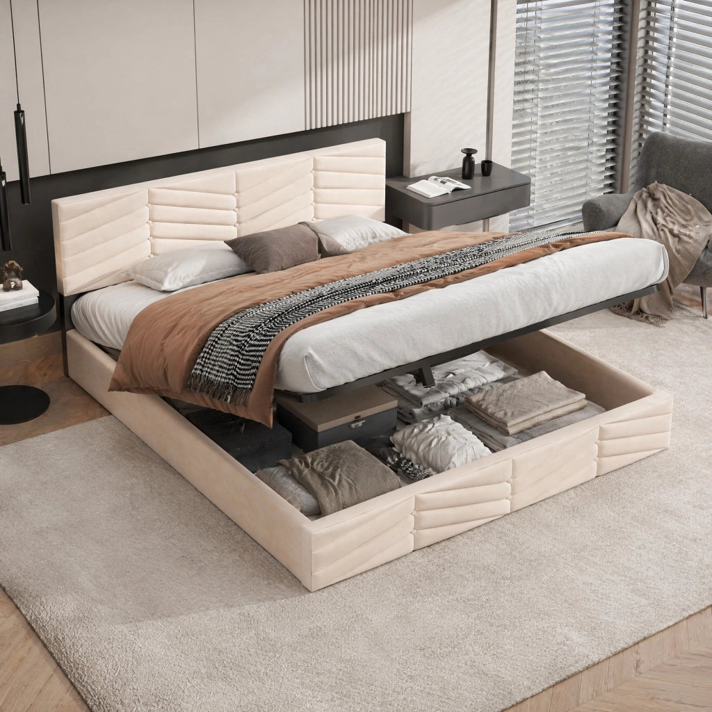 Letto matrimoniale 180x200 cm in velluto beige con testiera regolabile e contenitore