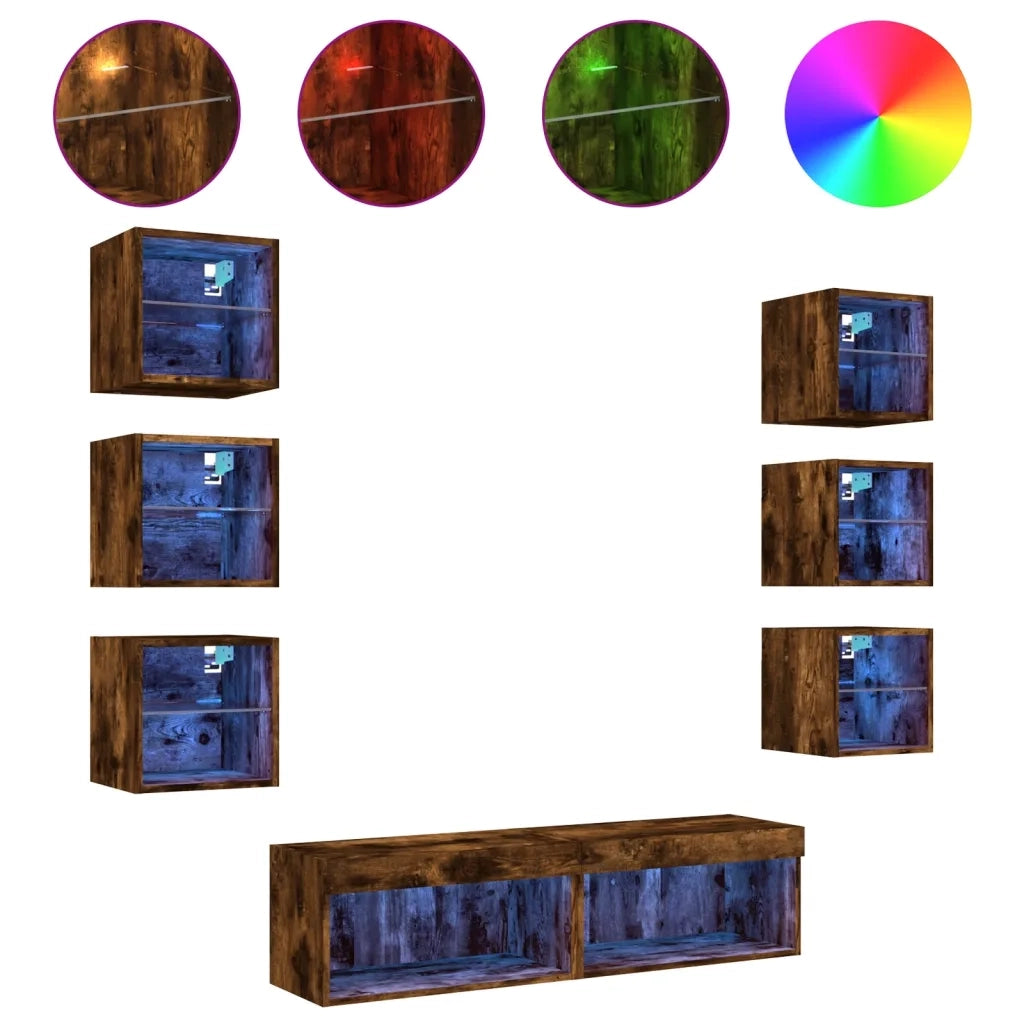 vidaXL Mobili TV a Muro con LED 8pz Rovere Fumo in Legno Multistrato
