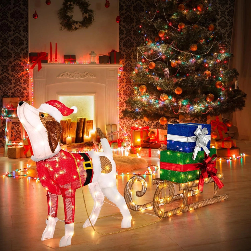 Decorazioni Natalizie Illuminate di Cane e Slitta, Luci Natalizie a Forma di Cane da Esterno Interno, Decorazione Natalizia Festosa con 170 Luci LED per Giardino e il Cortile
