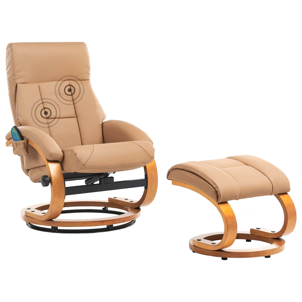 Poltrona Reclinabile Beige con Poggiapiedi Imbottito in Ecopelle Massaggio Riscaldato Struttura in Legno Schienale Regolabile Design Retrò