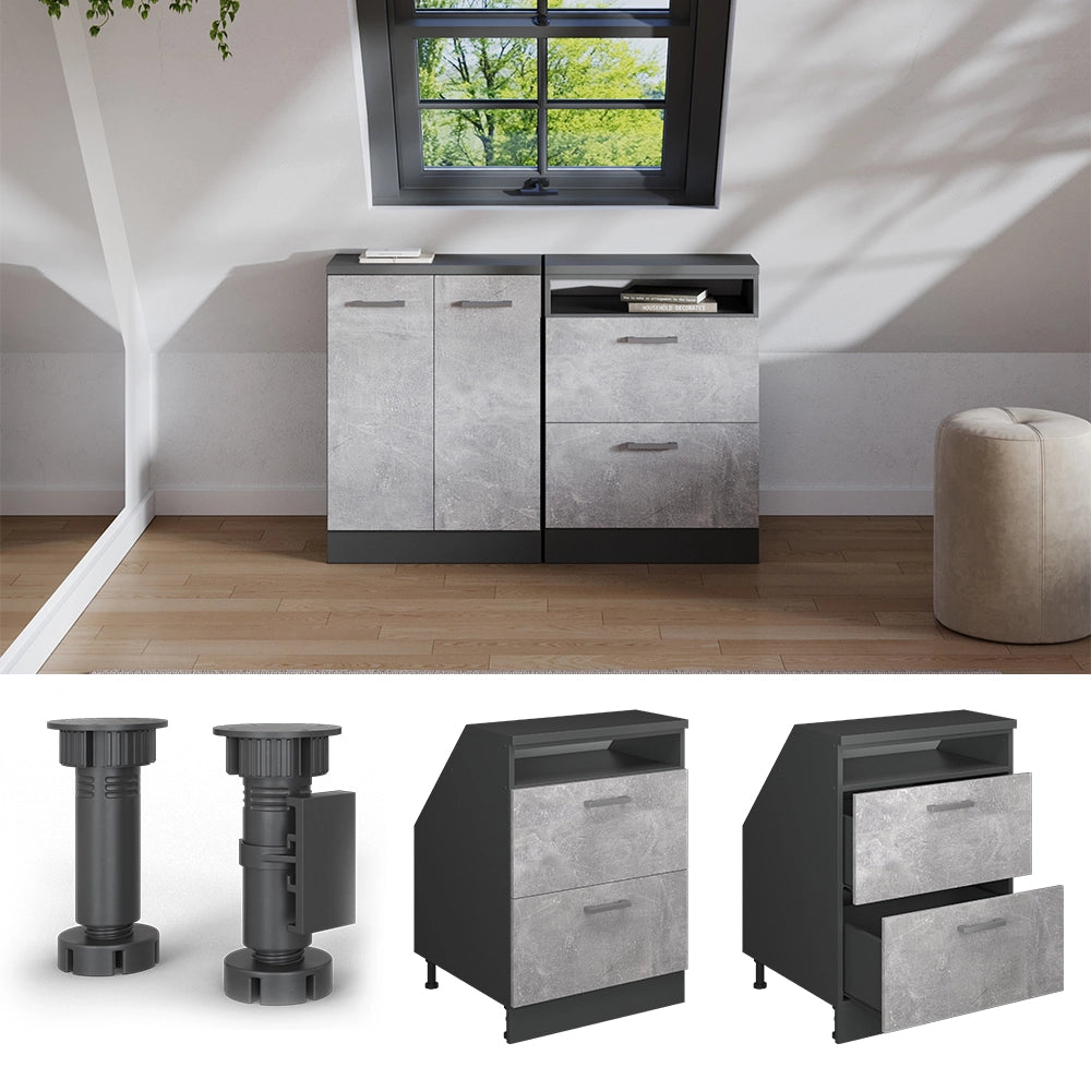 Mobile sottotetto Rion Calcestruzzo/Antracite 60 x 83.8 cm con 2 cassetti, carcassa 60 cm profondità Vicco