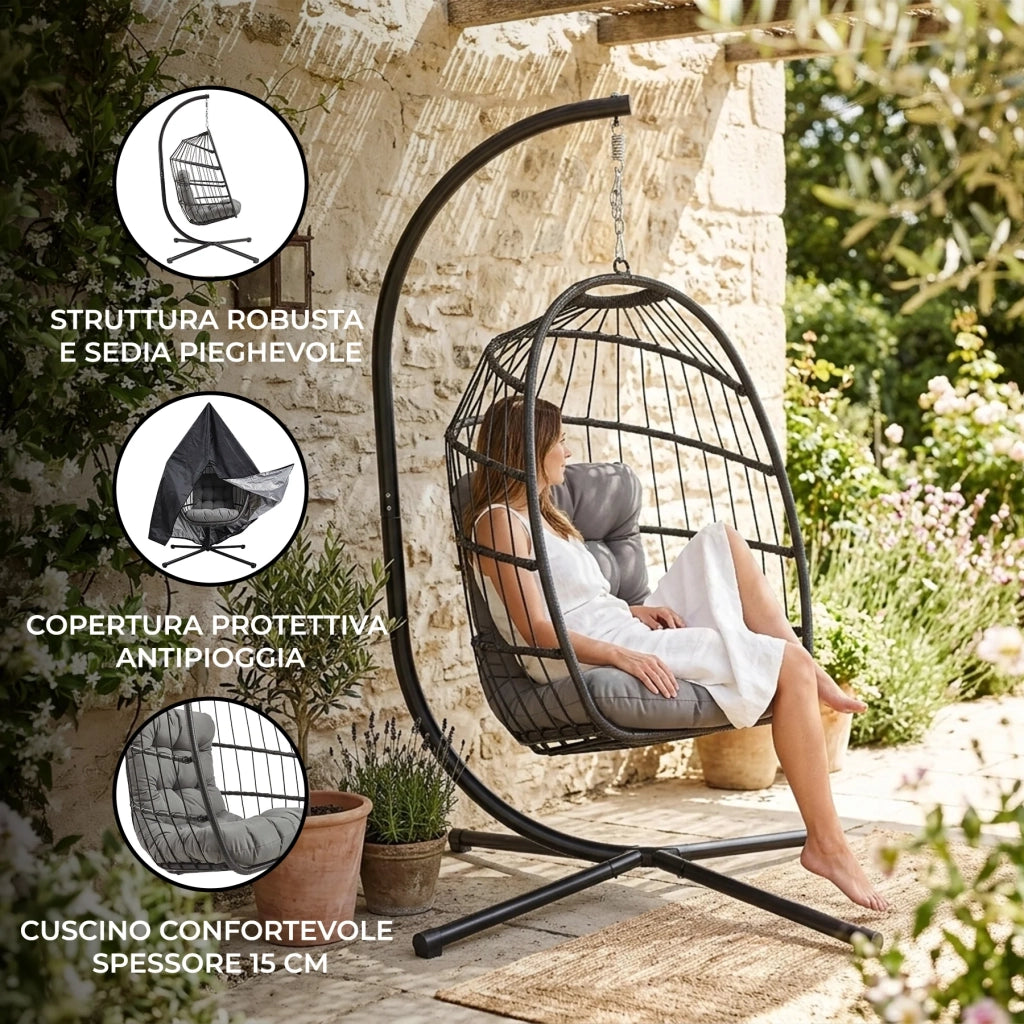 Poltrona Uovo Sospesa Rattan Nero Altalena Giardino con Cuscino