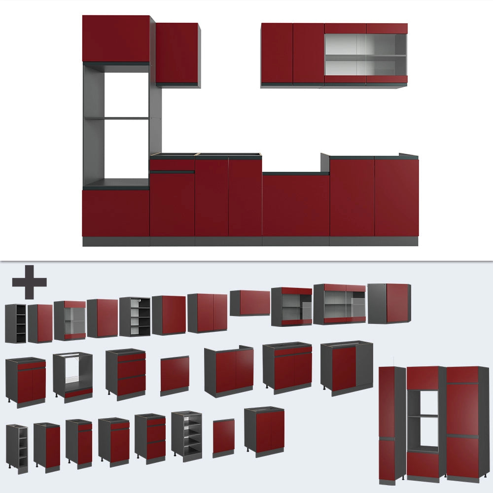 Cucina componibile R-Line Rosso/Antracite 300 cm J-Shape con armadio alto, PL Marmo Vicco
