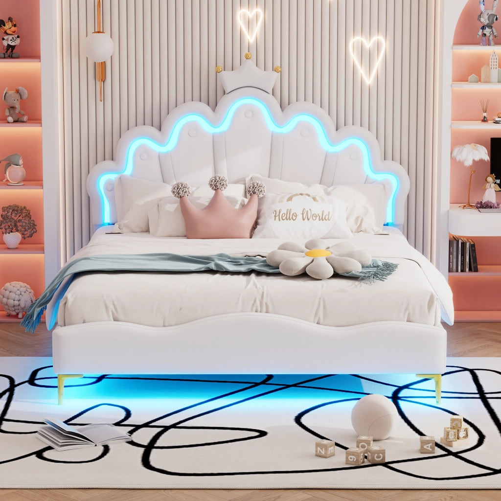 Letto Matrimoniale 140 x 200 cm con LED Regolabile e Testiera Regolabile; senza Materasso; PU Bianco