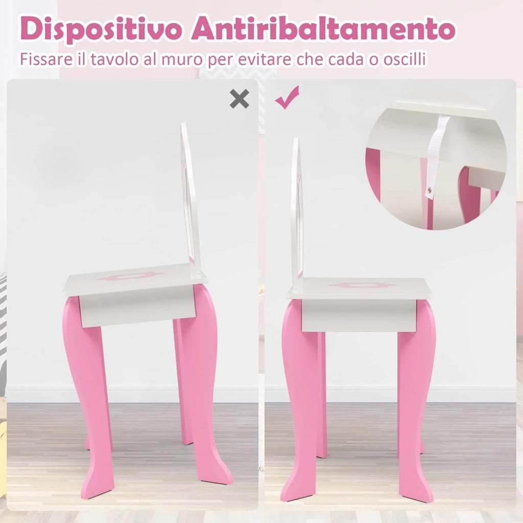 Toeletta Trucco per Bambina, Specchiera per Ragazzi in Legno, Postazione Trucco Robusto 2 in 1 con Cassetto, Sgabello e Specchio Staccabile, 49 x 34 x 86 cm, Bianco e Rosa