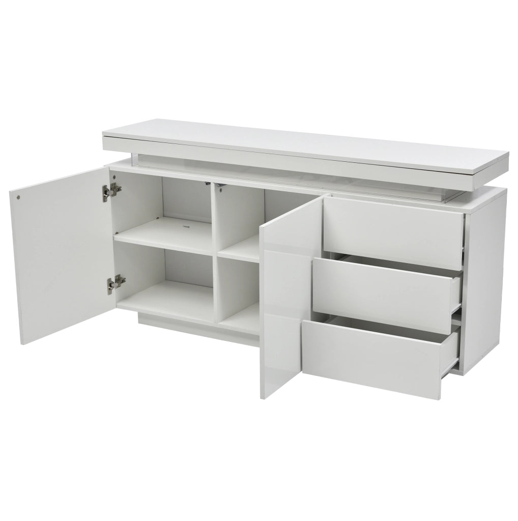 Credenza 140x35x72.5 cm con LED; 2 ante e 3 cassetti; bianco