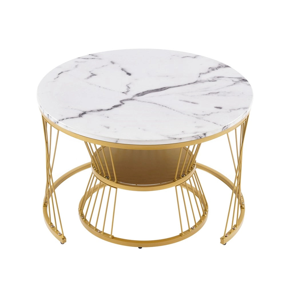 Tavolini da Salotto Set 2 Pezzi Rotondi ¨C MINIMAL ¨C Piano Effetto Marmo, Struttura Metallo Dorato