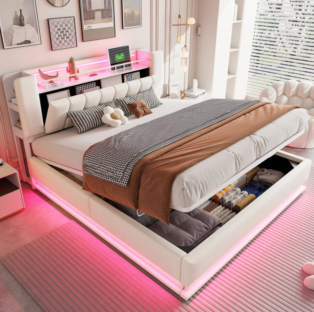 Letto imbottito 180x200 cm beige con LED, USB e contenitore