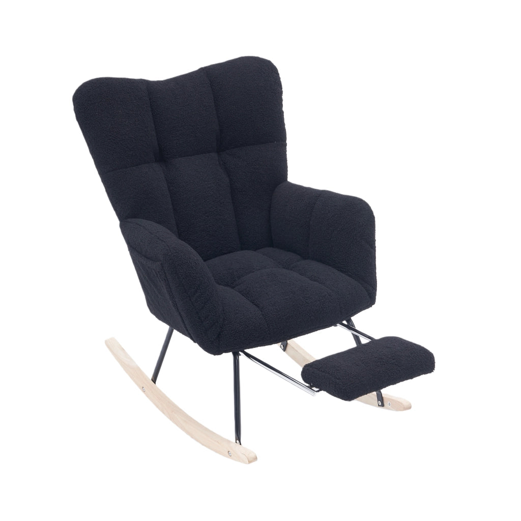 Sedia a Dondolo con Poggiapiedi Pieghevole; Schienale Alto Ergonomico e Braccioli Imbottiti; in Bouclé Nero