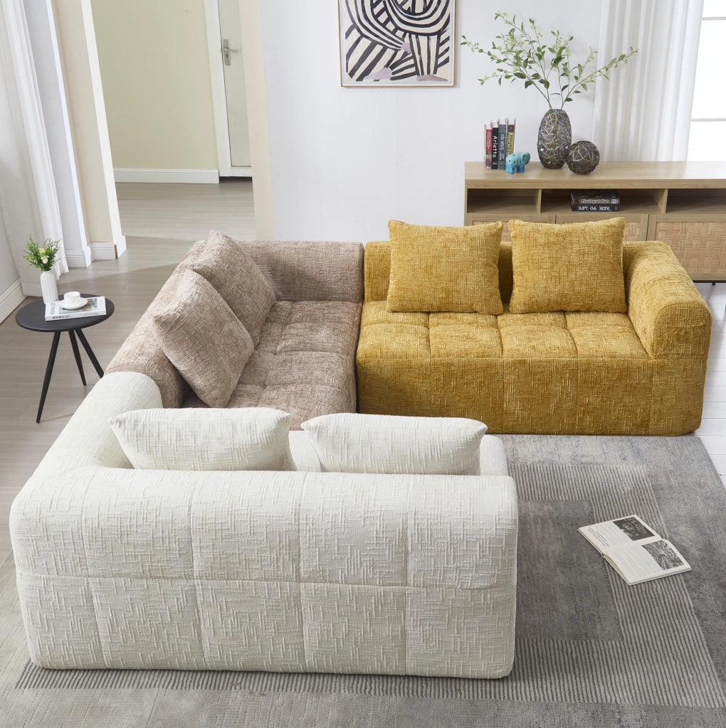 Divano modulare 3 posti in ciniglia beige con chaise longue