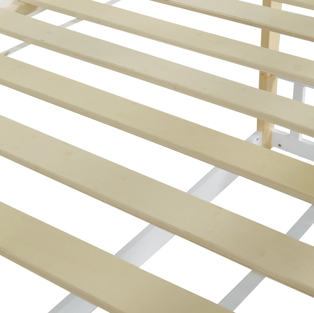 Letto a castello con finestra; scivolo e scala angolare 90x200 cm; bianco e naturale