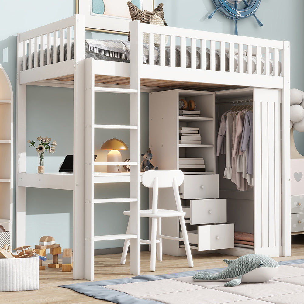 Letto mezzanino 90x200cm - Xylo - bianco, 3 cassetti, armadio, sicuro