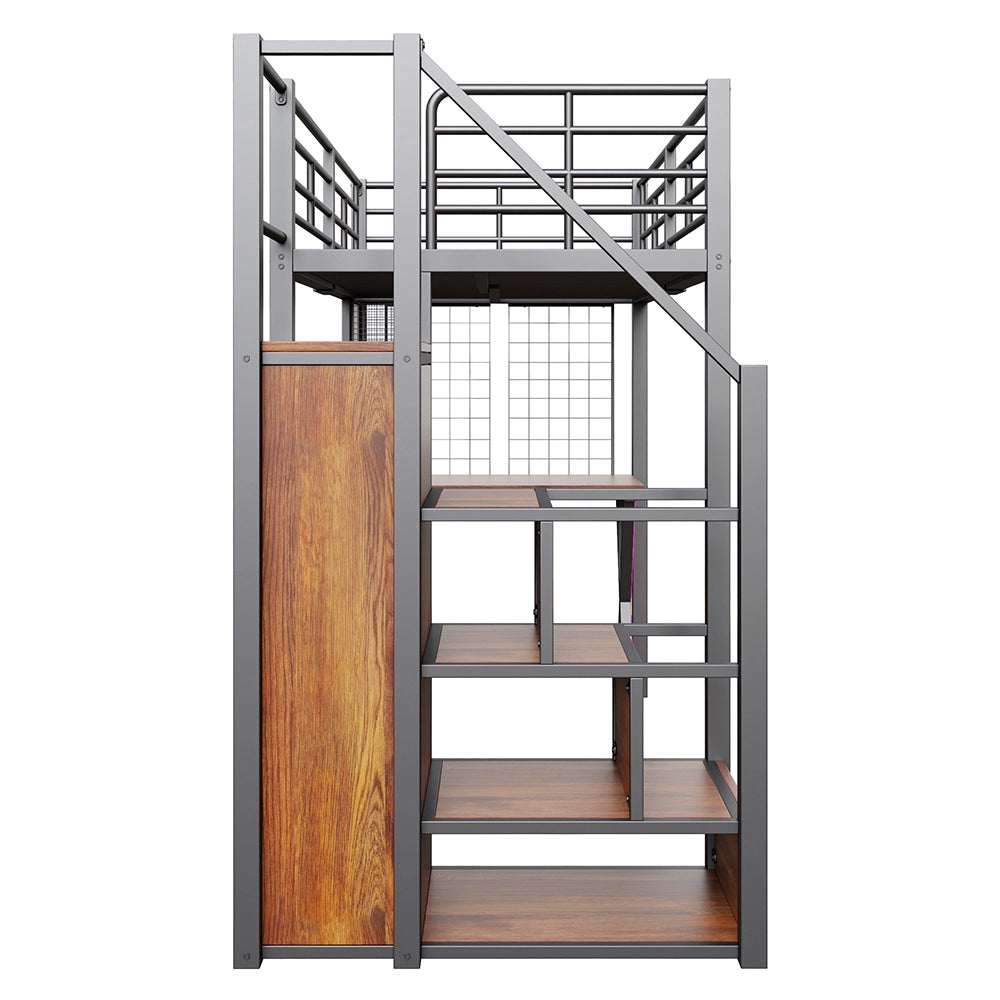 Letto mezzanino 90x200cm - Xylo - nero, armadio, scaffali, luce controllabile