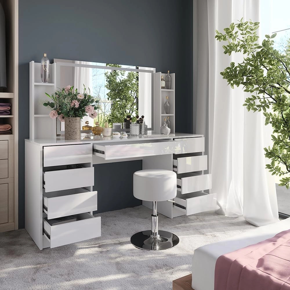 Tavolo da toeletta Sherry, Bianco/bianco lucido, 158.2 cm 5 parti, con illuminazione a LED e panca imbottita