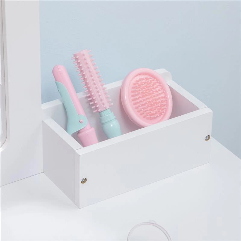SET TOELETTA PER BAMBINI CON TAVOLO TRUCCO E SGABELLO SPECCHIO E 2 CASSETTI BIANCO E COLORE LEGNO