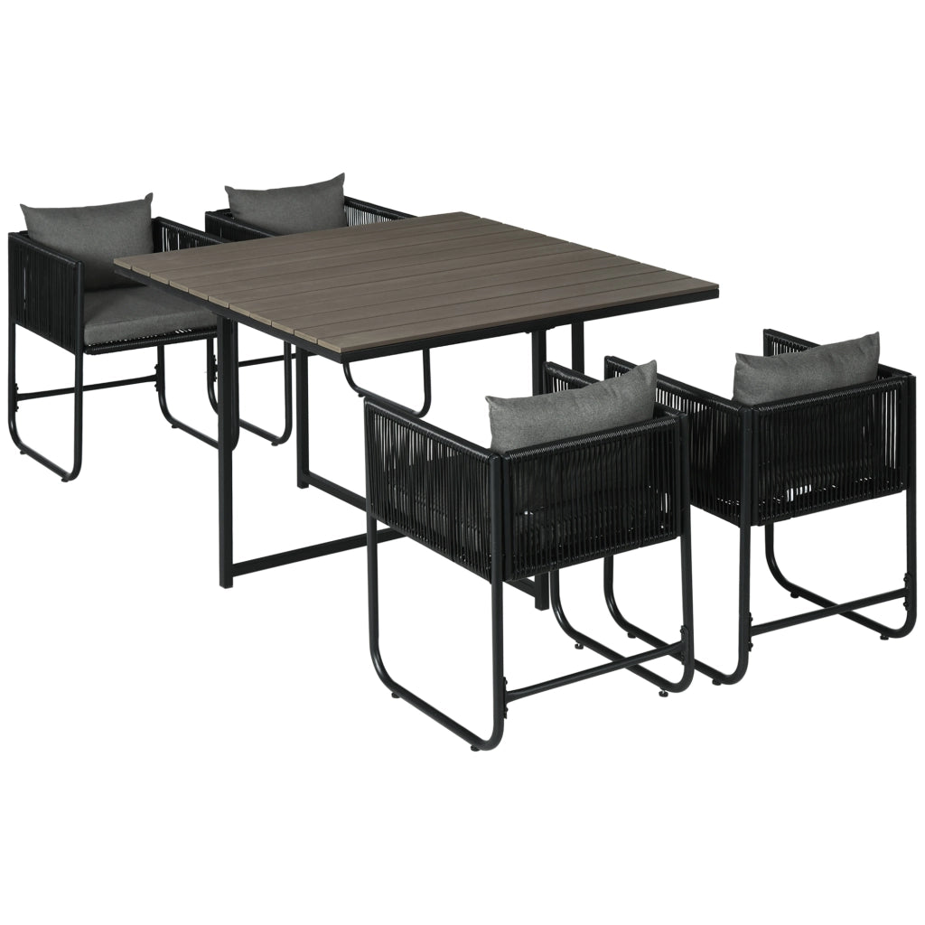 Set di mobili da giardino in polyrattan composto da 5 pezzi: tavolo da pranzo con 4 sedie e tavolino laterale, elegante set da pranzo per balcone e