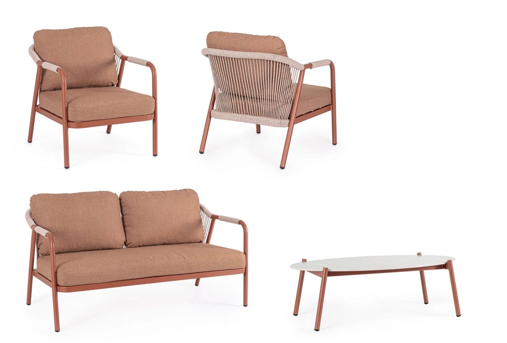 Set 4 Pezzi Salotto da Giardino con Divano 2 Poltrone e Tavolino in Alluminio Corda Poliestere e Pietra Sinterizzata