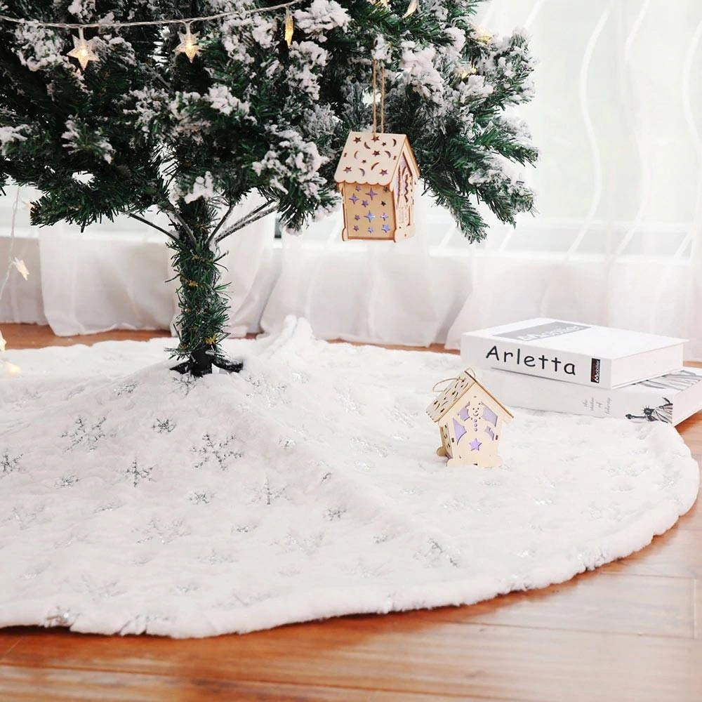 Trade Shop - Tappeto Gonna Copertura Base Albero Di Natale 80cm Peluche Fiocco Di Neve Silver -