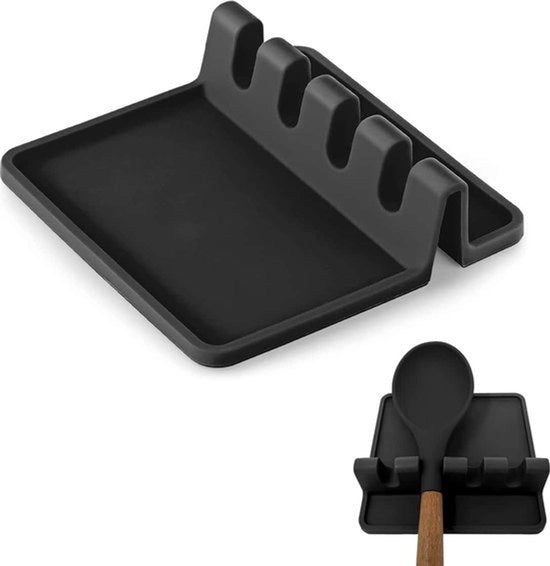 Un set di utensili in silicone per la cucina - con coperchio a gocce - cucchiaio e cucchiaio da forno resistenti al calore e coperchio per cucchiaio e cucchiaio da forno - supporto per cucchiaio e cucchiaio da forno per piastra di cottura (nero)