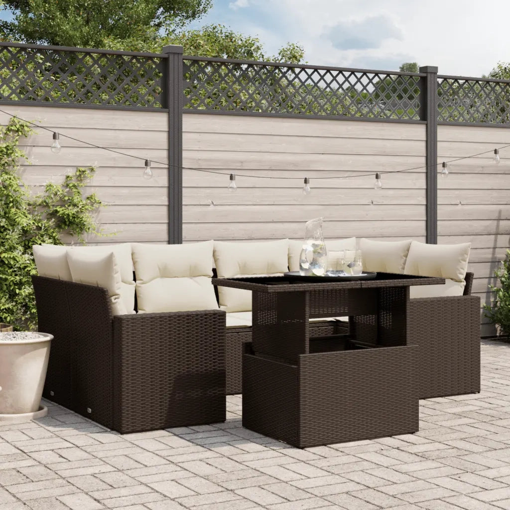 Set Divani da Giardino 7 pz con Cuscini Marrone in Polyrattan