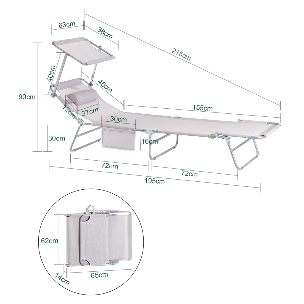 SoBuy Set di 2 Sdrai da Giardino Reclinabile Lettino Prendisole Pieghevole con Cuscino Tasca Laterale e Parasole Sedia Sdraio da Esterno per Patio Campeggio Spiaggia Beige 155x56x81cm OGS48-MIx2