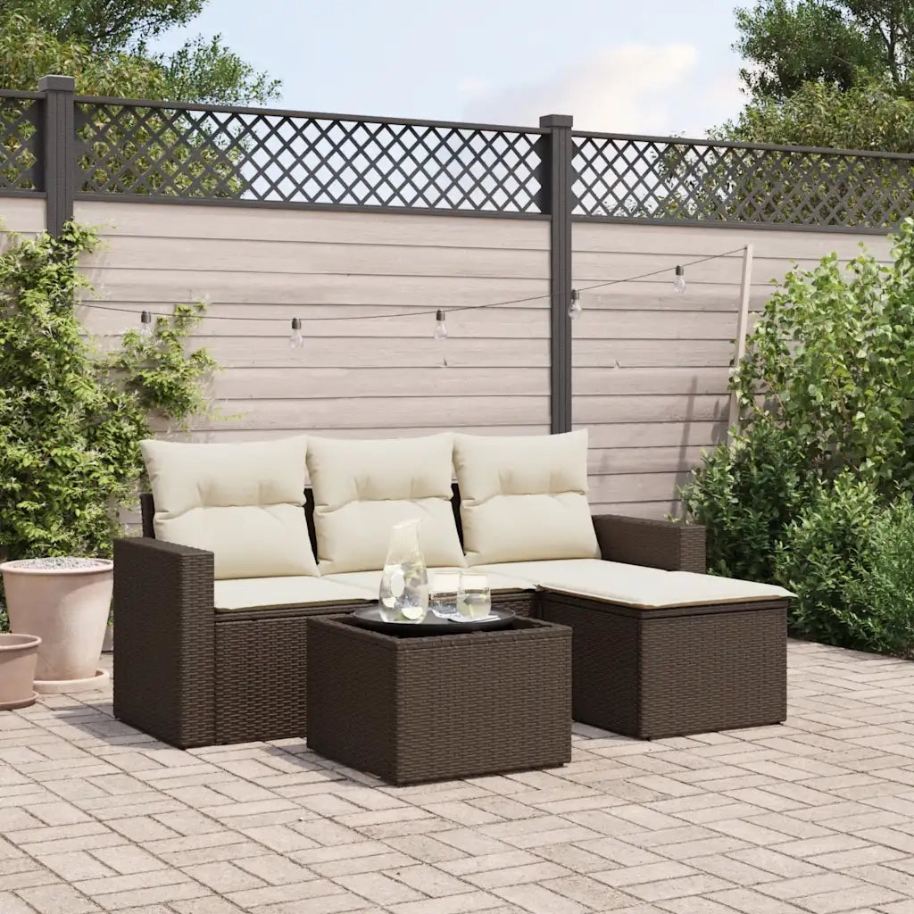 Set Divano da Giardino 5 pz | Set Salotto da Giardino con Cuscini Marrone in Polyrattan