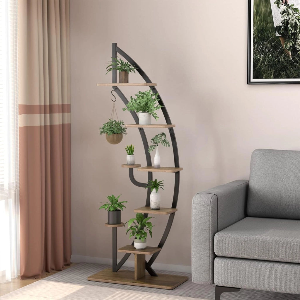 Scaffale per Piante a 7 Livelli, Scaffale a Forma di Mezza Luna con Gancio e Dispositivo Antiribaltamento, Porta Piante e Fiori per Interno e Soggiorno, 60 x 30 x 155 cm (2 PEZZI)