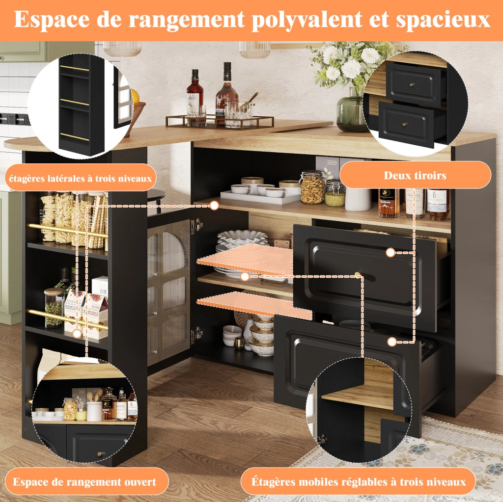 Credenza girevole 138-204 x 39 x 104 cm in MDF nero, 2 cassetti e vani