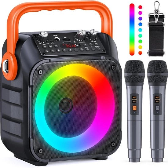 Macchina karaoke portatile con due microfoni wireless - Altoparlante Bluetooth trasportabile con sistema PA - Illuminazione a LED - Supporto TF-kaart/USB