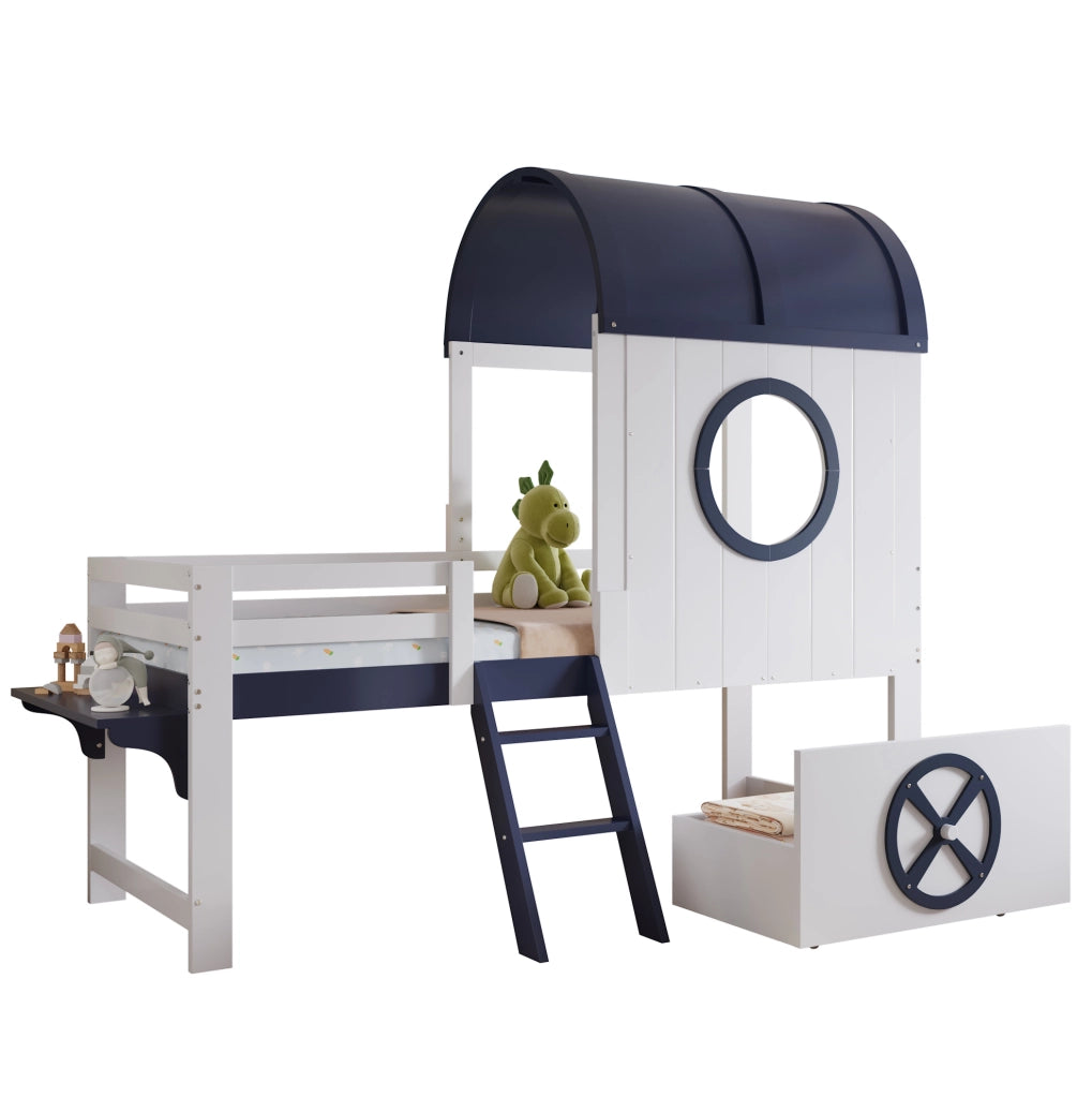 Letto a soppalco 90x200 cm con tetto; finestra; cassetto e scala in legno e MDF bianco e blu