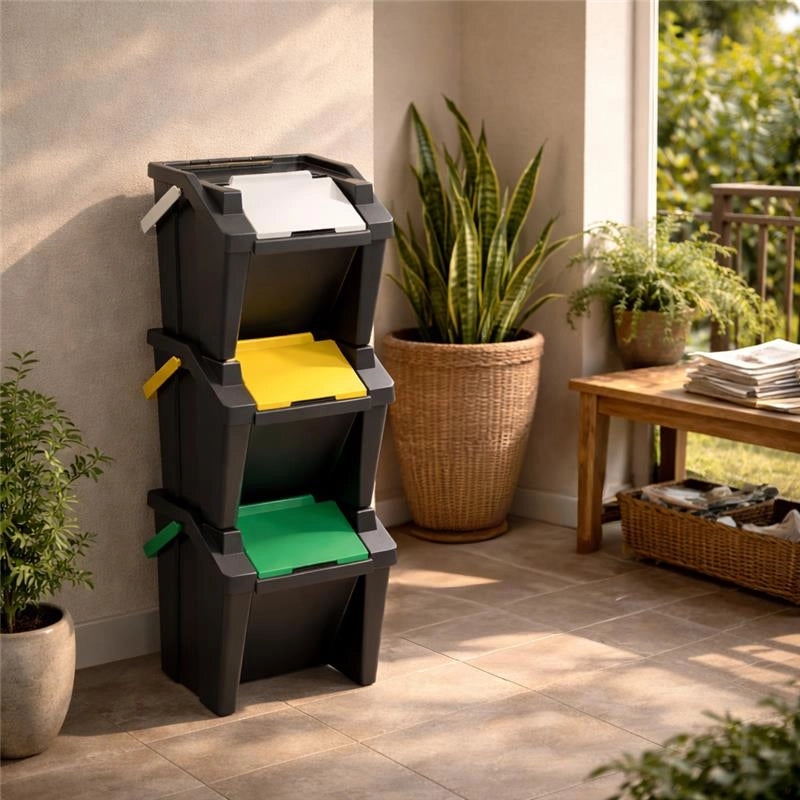 SET 3 PATTUMIERE MODULARI 30L NERE IMPILABILI 38X37X25/37 CM, TOWER RACCOLTA DIFFERENZIATA SALVASPAZIO CON APERTURA FRONTALE PER CUCINA E RIPOSTIGLIO