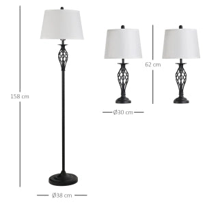 Set lampade vintage 3 pezzi nero in metallo con 2 lampade da tavolo e 1 lampada da terra