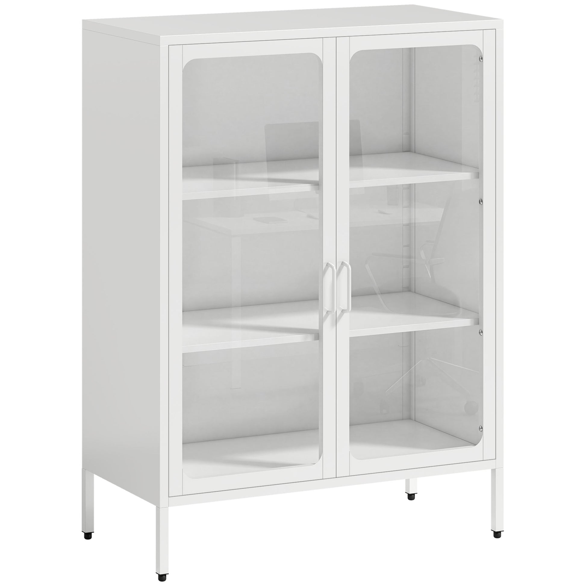 Mobile Portadocumenti 80x40x110 cm con 2 Ante in Vetro e Ripiani Regolabili in Acciaio Bianco