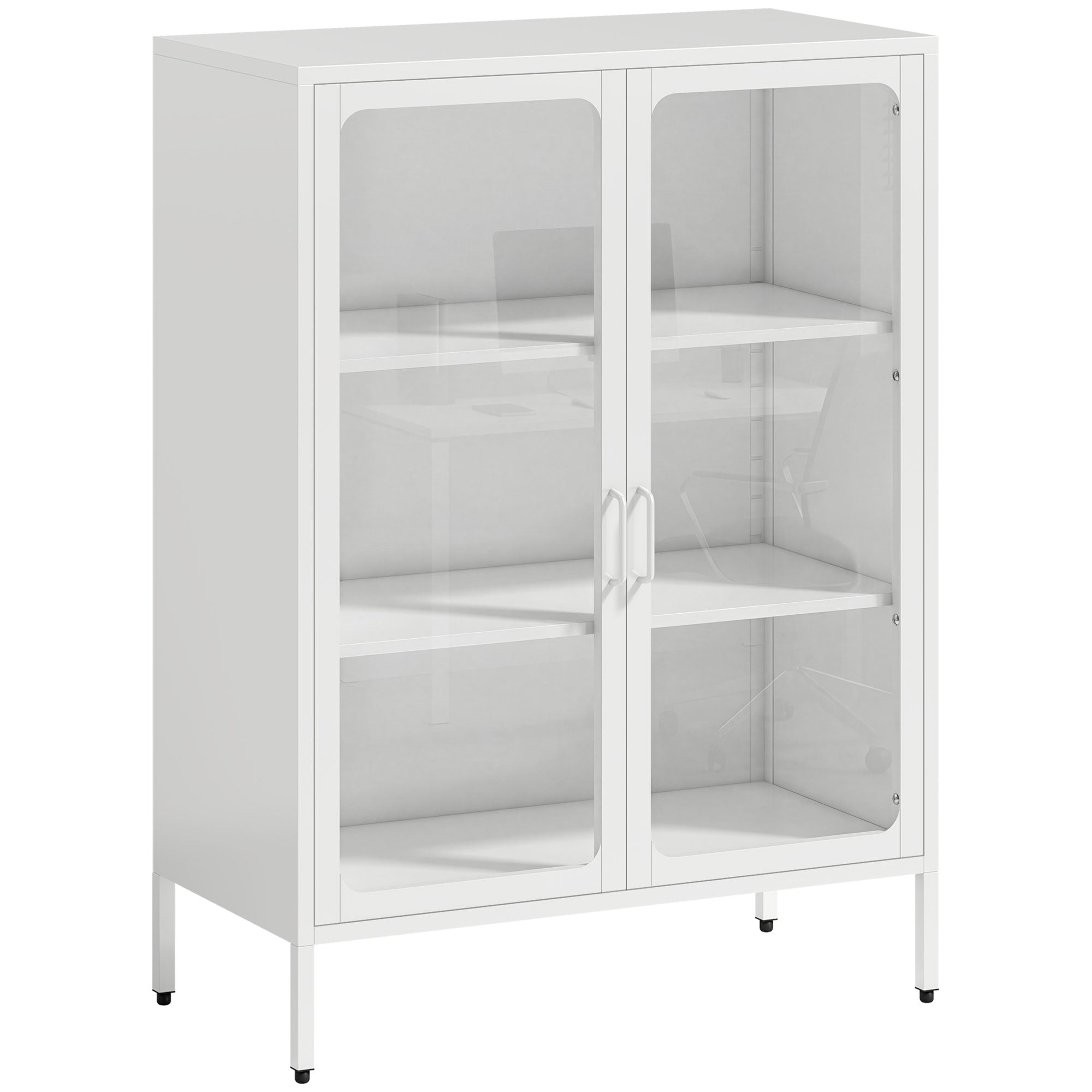 Mobile Portadocumenti 80x40x110 cm con 2 Ante in Vetro e Ripiani Regolabili in Acciaio Bianco