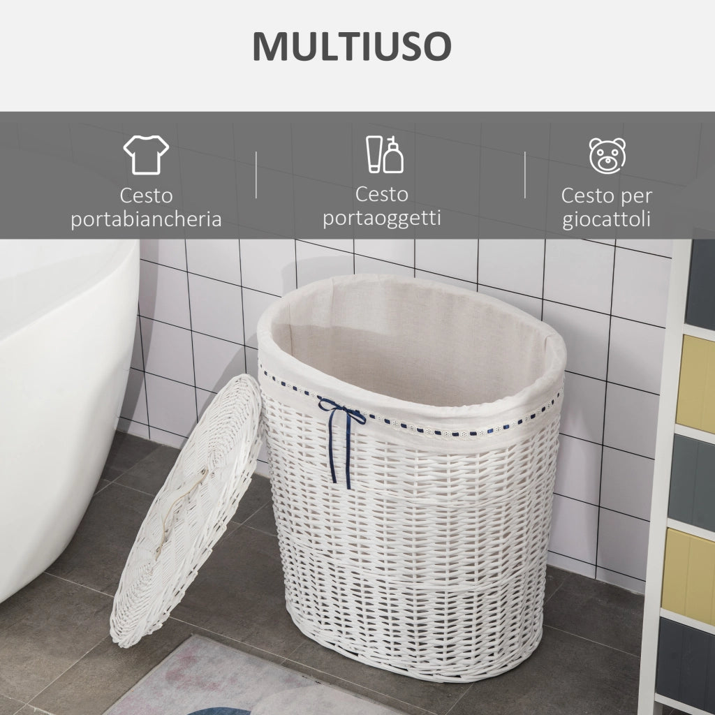 EasyComfort Cesto Portabiancheria in Vimini con Coperchio e Sacco Interno in Tessuto Lavabile, Bianco