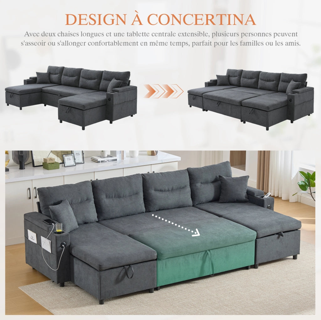 Divano 4 posti con doppia chaise longue; contenitori; portabicchieri e USB Type-C 272x136x86 cm; grigio scuro